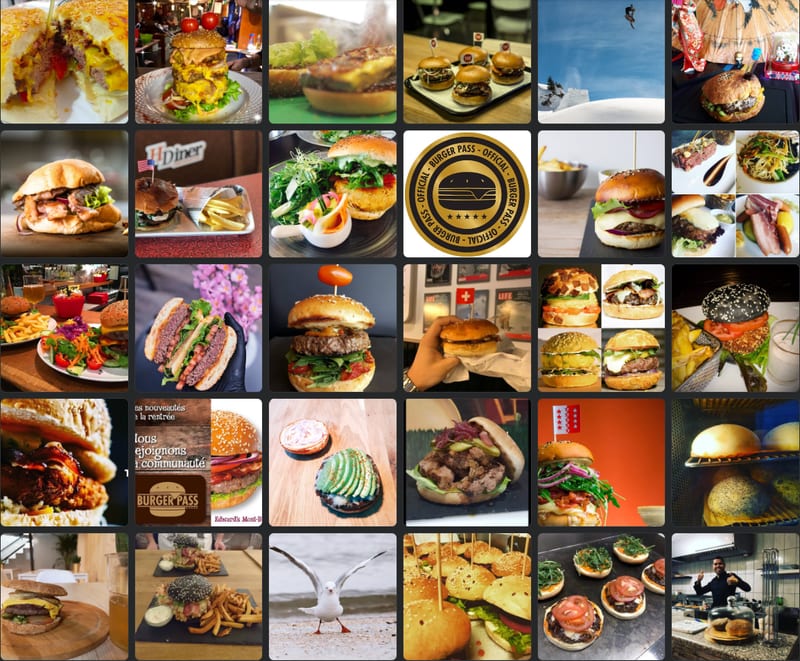 Burgerpass.chのページに掲載されたグルメバーガーの写真30枚を、Burger Passのロゴの周りに並べたモザイク