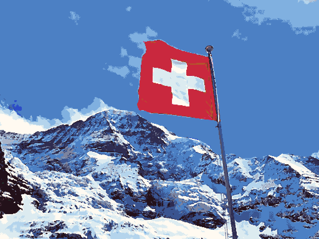 雪をかぶった山頂を背にはためくスイス国旗（16ビットのピクセルアート）