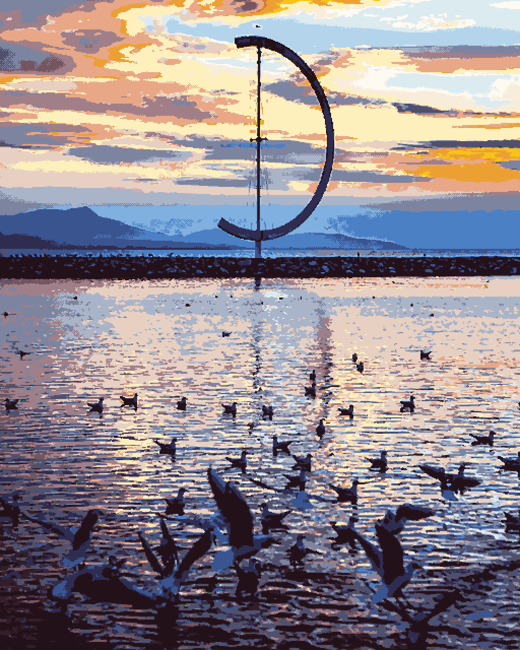 夕暮れの湖畔に立つアーチ形の彫刻と、水面のカモメ（16ビットのピクセルアート）